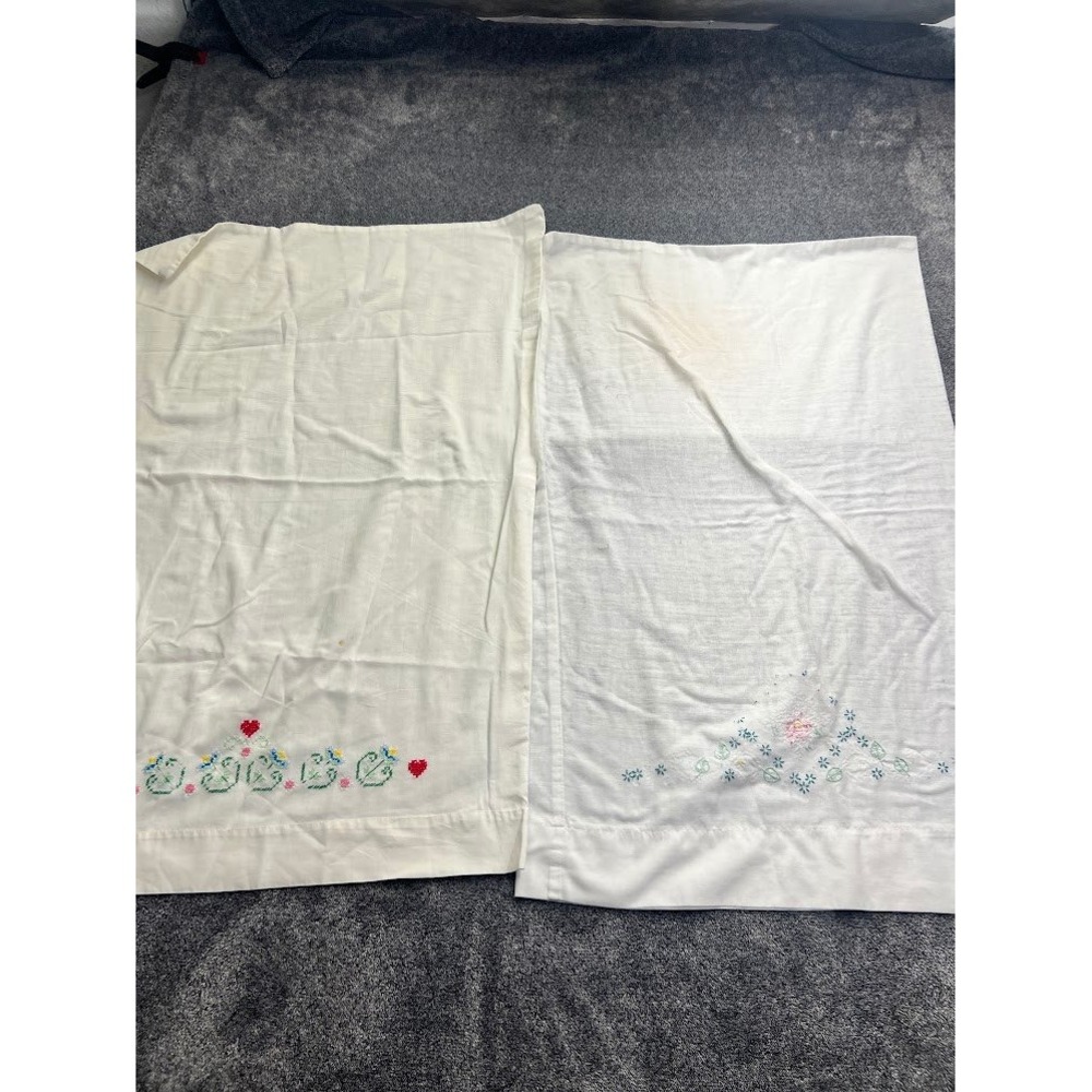 Vintage Hand Embroidered White Cotton Pillowcase Set Floral Heart Mismatched